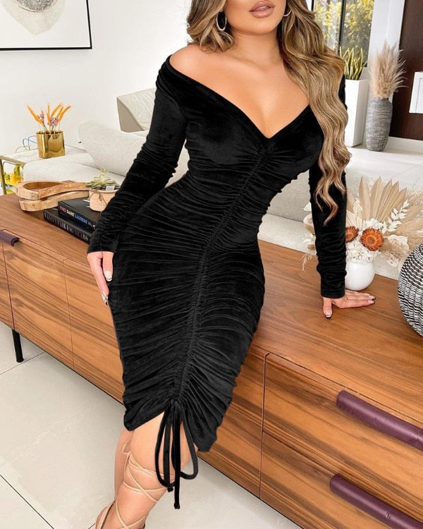 Women Velvet Drawstring Off Shoulder Long Sleeve Bodycon Midi Dress