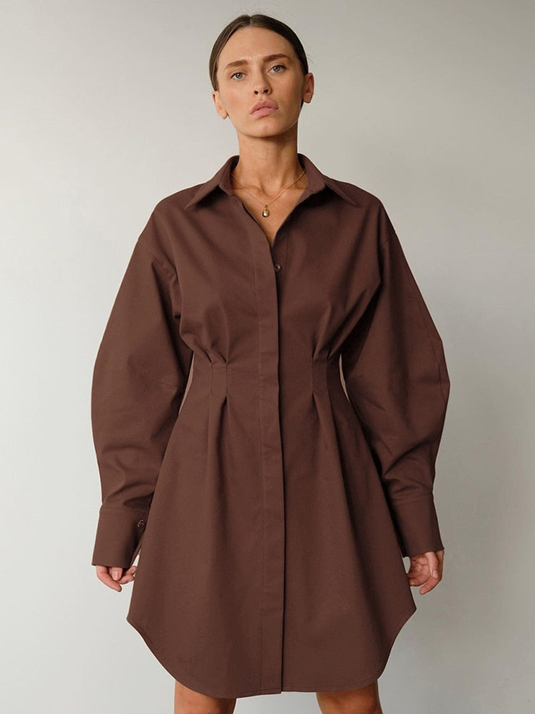 Autumn Winter Dress Women Khaki Long Sleeve Pleated Shirt Dress