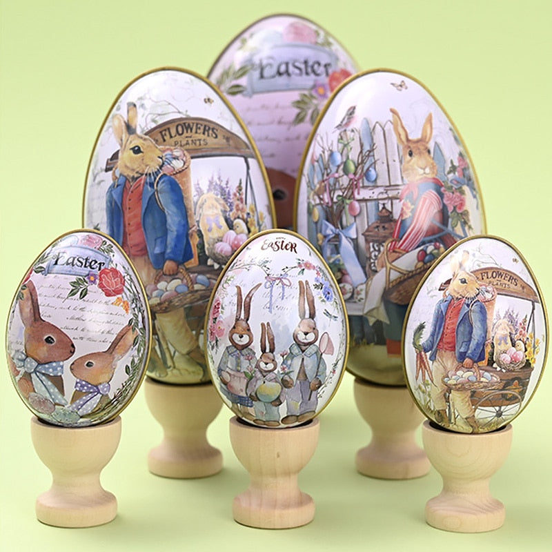 Metal Easter Egg Shape Cute Bunny Rabbit Printed Egg Candy Box