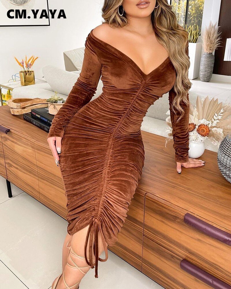 Women Velvet Drawstring Off Shoulder Long Sleeve Bodycon Midi Dress