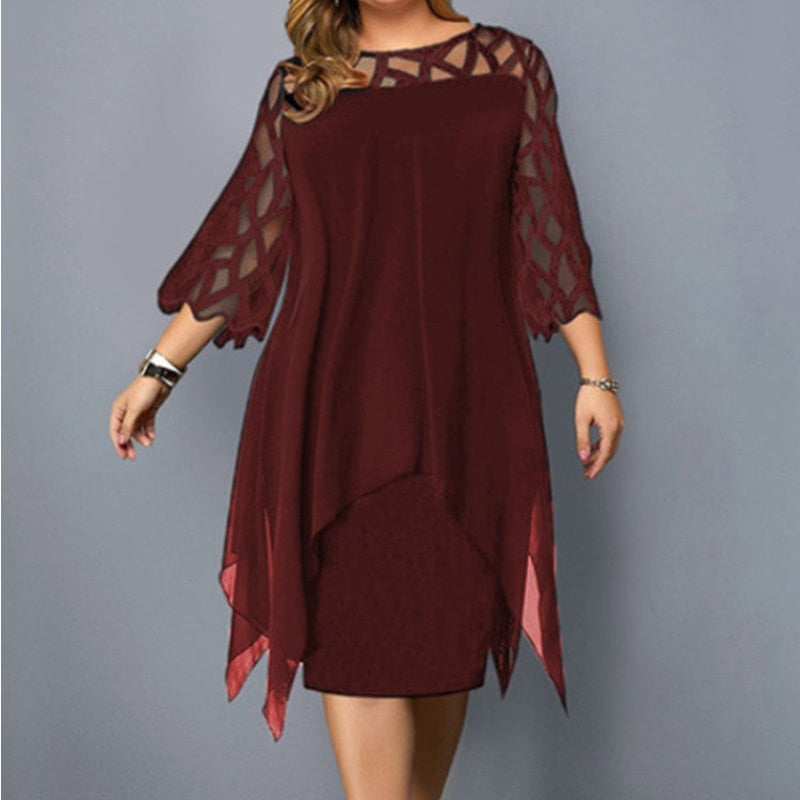 Ladies Plus Size Three Quarter Sleeve Dress Lace Sequin Mesh Sexy Elegant Casual Party Red Black Cutout Loose Summer Dress