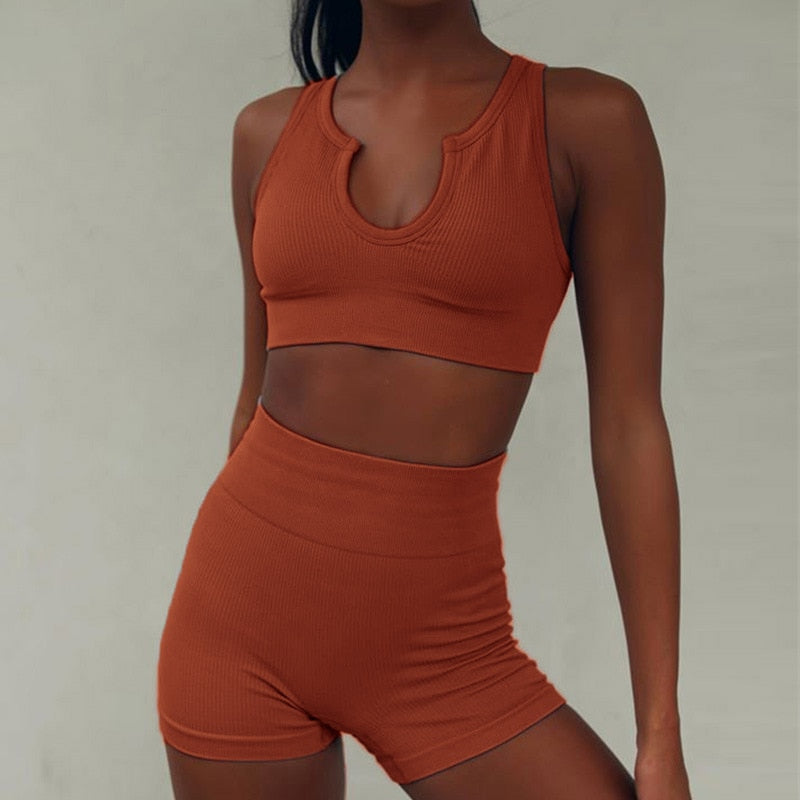 Seamless Sport Set Women 2 Two Piece Crop top Bra Leggings Shorts Yoga Set