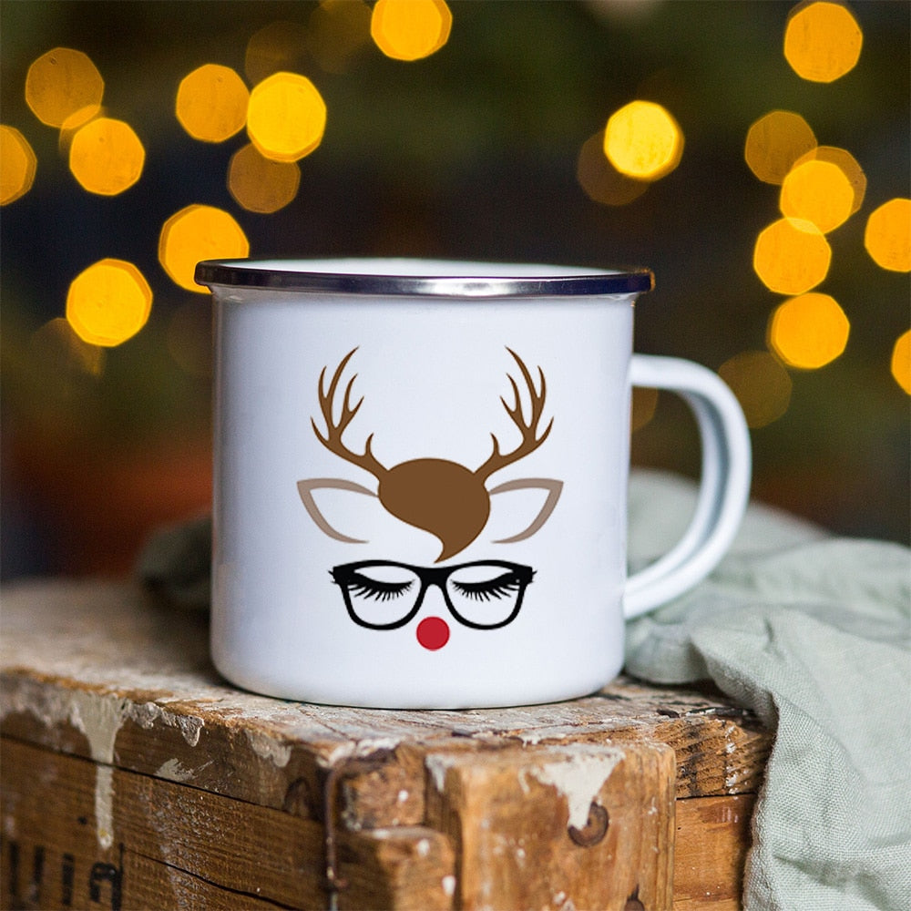 Snowman Deer Print Enamel Coffee Mugs Christmas Gifts New Year Party