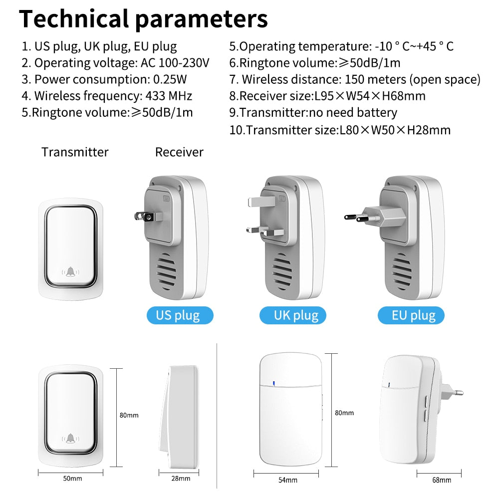 Wireless Doorbell No Battery required Waterproof Self-Powered Door bell