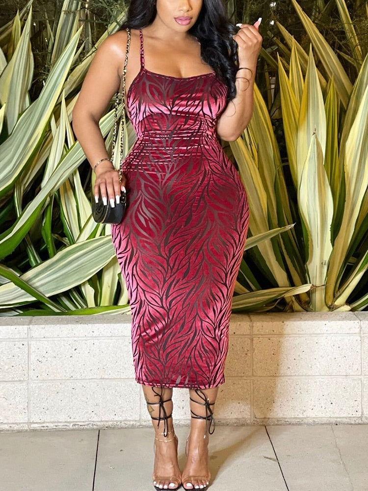 Women Spaghetti Strap Velvet Bodycon Midi Dress Slim Party Dress