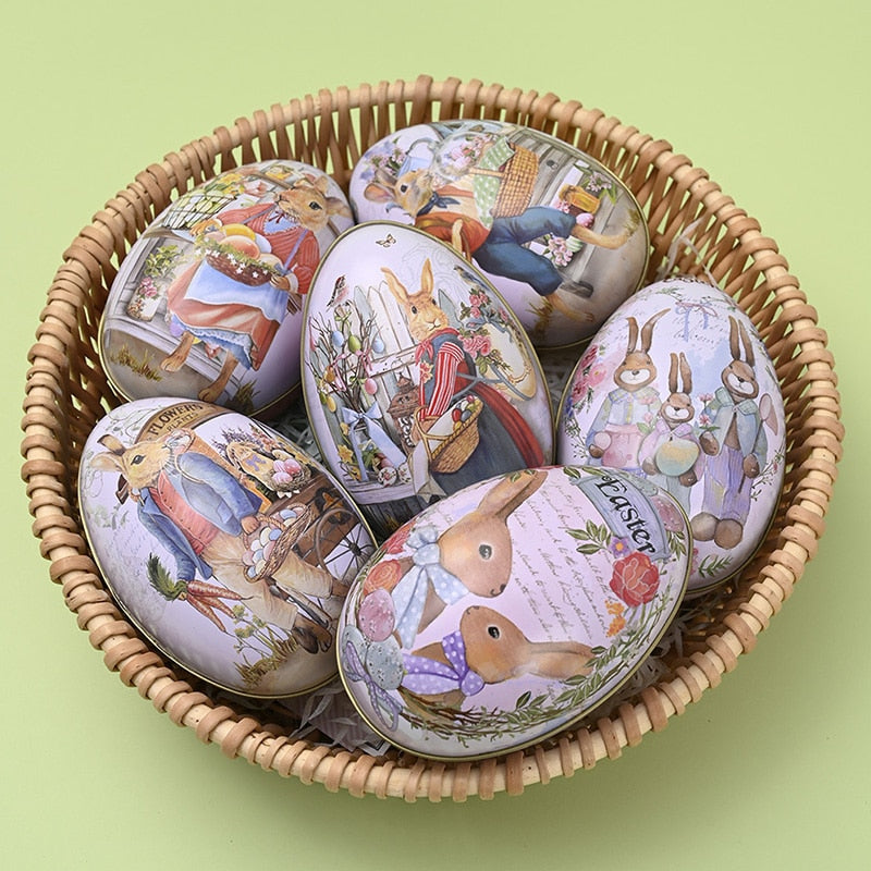 Metal Easter Egg Shape Cute Bunny Rabbit Printed Egg Candy Box
