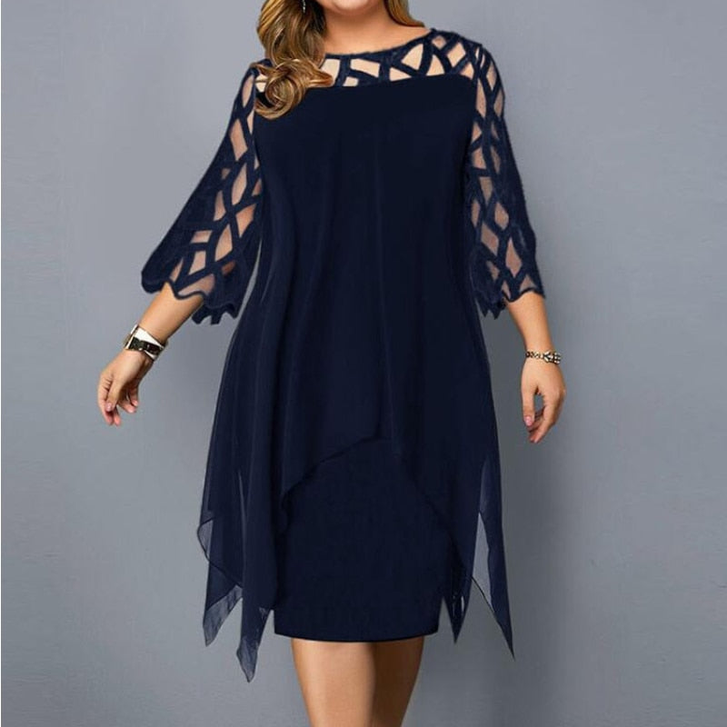 Ladies Plus Size Three Quarter Sleeve Dress Lace Sequin Mesh Sexy Elegant Casual Party Red Black Cutout Loose Summer Dress