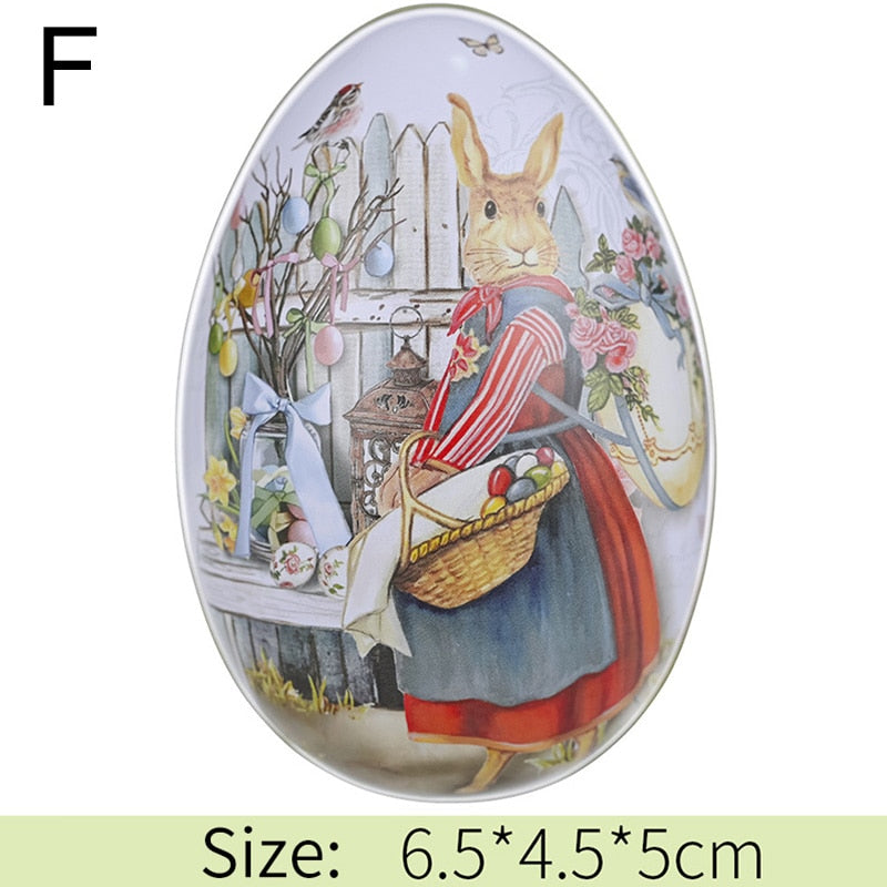 Metal Easter Egg Shape Cute Bunny Rabbit Printed Egg Candy Box
