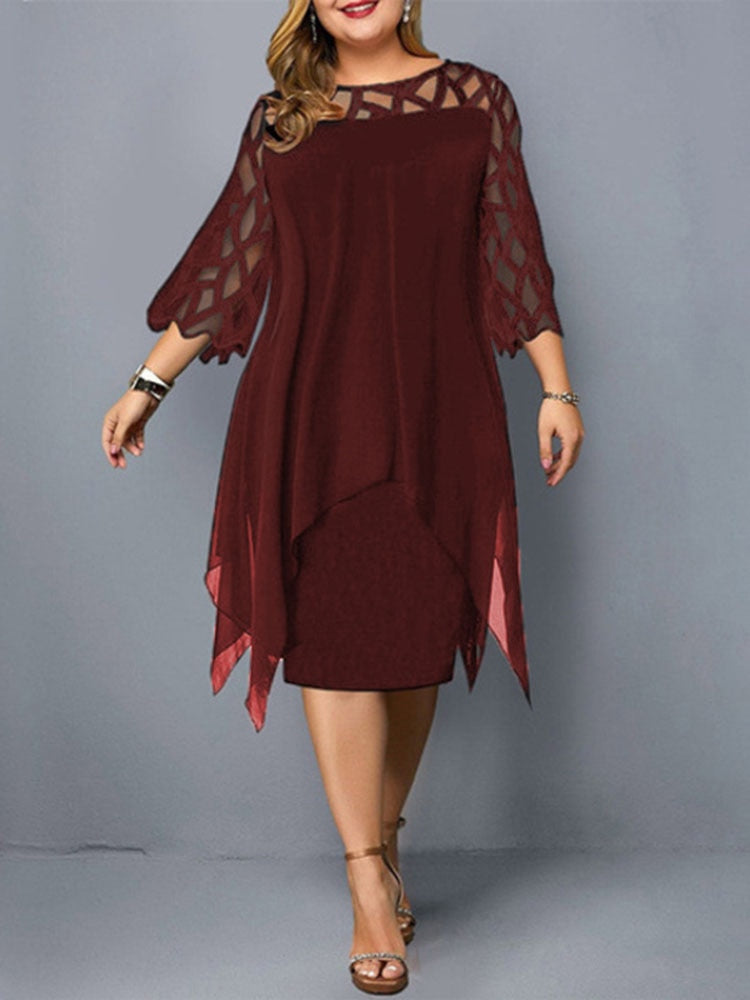 Ladies Plus Size Three Quarter Sleeve Dress Lace Sequin Mesh Sexy Elegant Casual Party Red Black Cutout Loose Summer Dress