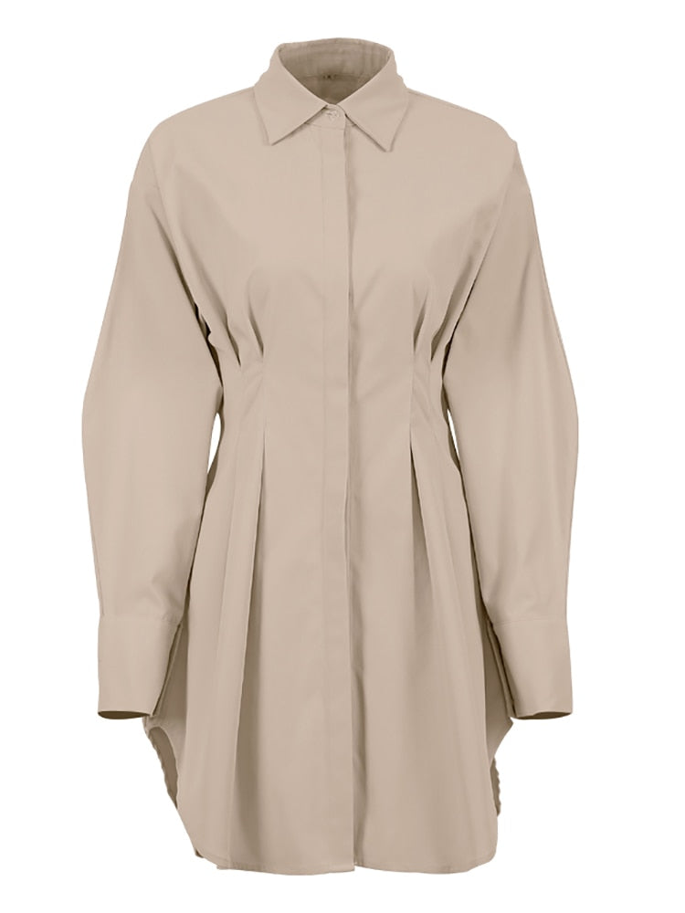 Autumn Winter Dress Women Khaki Long Sleeve Pleated Shirt Dress