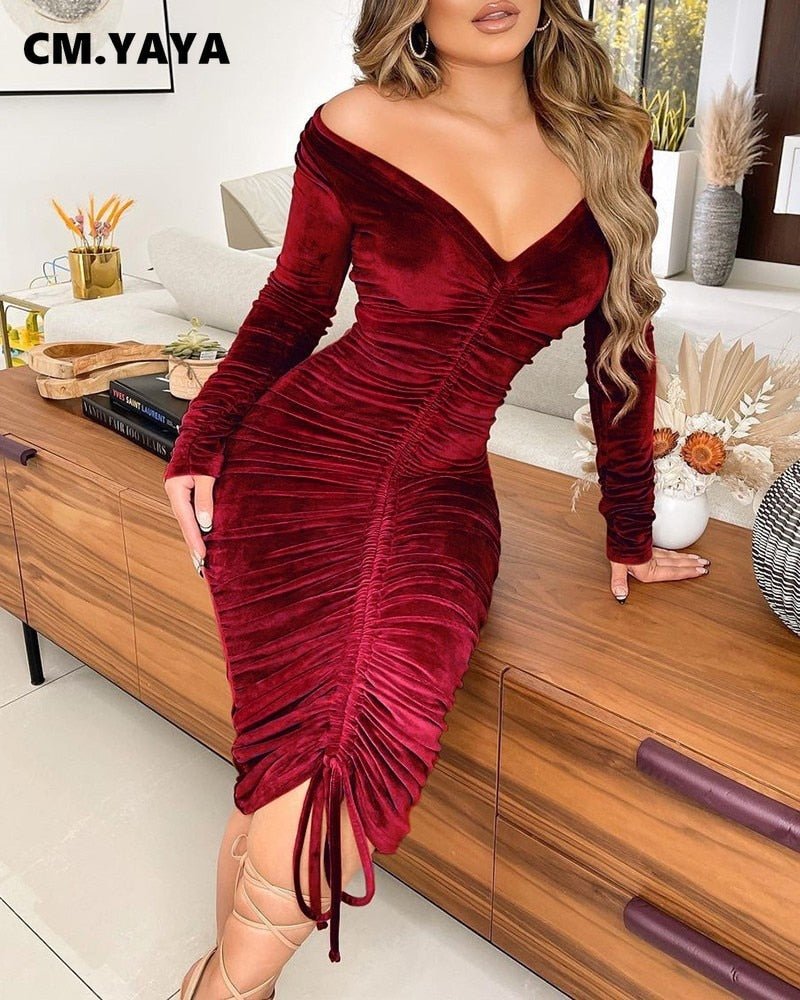 Women Velvet Drawstring Off Shoulder Long Sleeve Bodycon Midi Dress