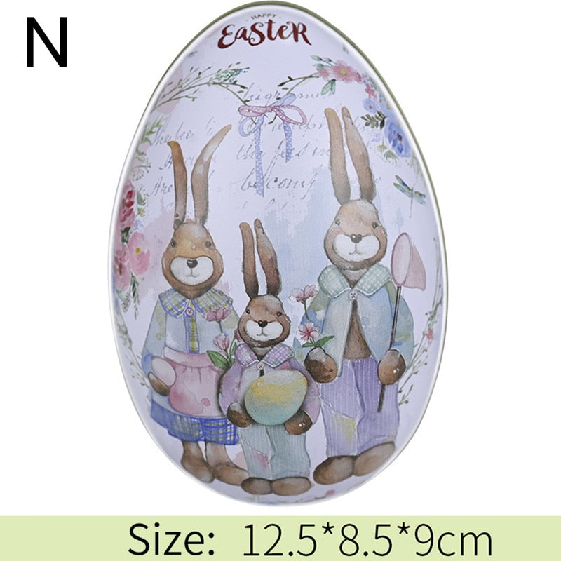 Metal Easter Egg Shape Cute Bunny Rabbit Printed Egg Candy Box