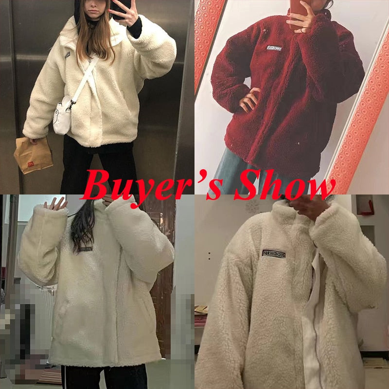 Harajuku Two Sides Wear Lamb Wool Coat Women 2022 Autumn