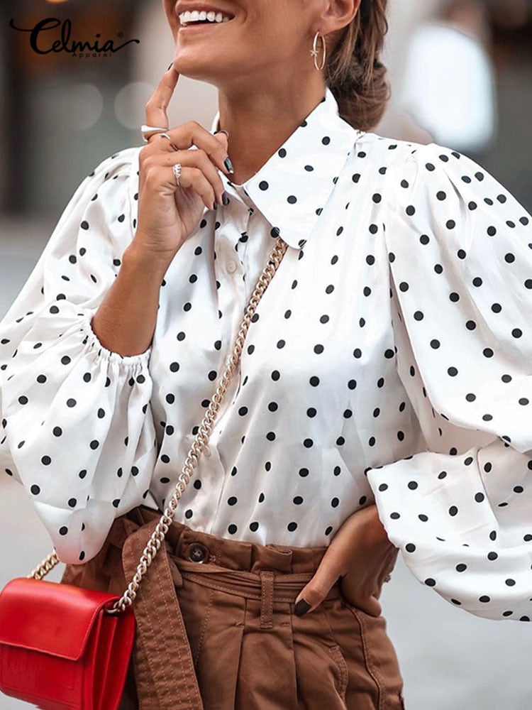 Fashion Tunics Women White Shirts Polka Dot Elegant Blouses
