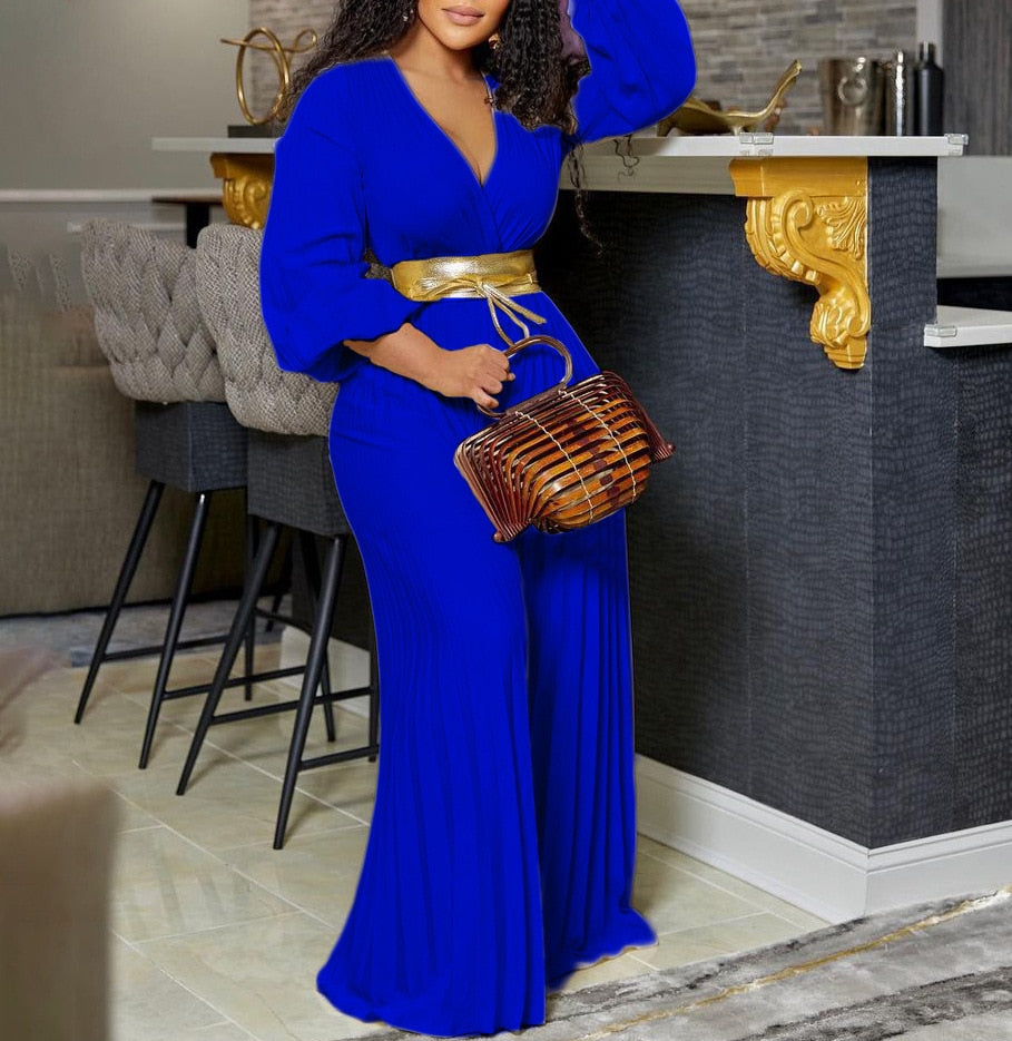 Plus Size Women Jumpsuit Autumn V Neck One Piece Outfit Casual Lady Ruffle Tracksuit Sexy Club Clothing 2022 Fashion Loose Pants