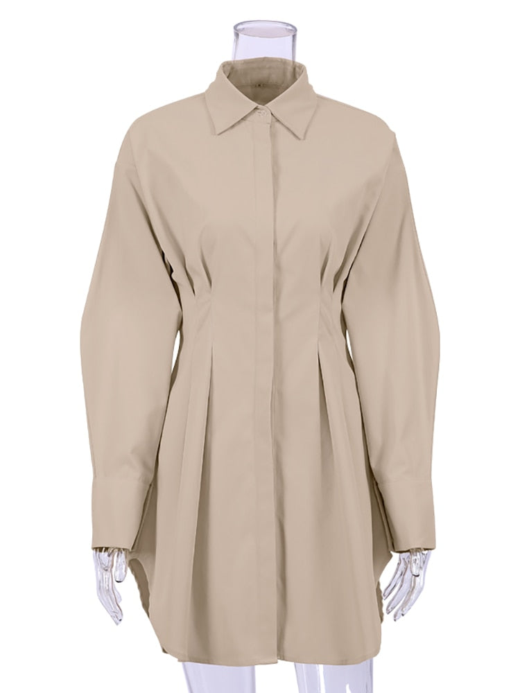 Autumn Winter Dress Women Khaki Long Sleeve Pleated Shirt Dress