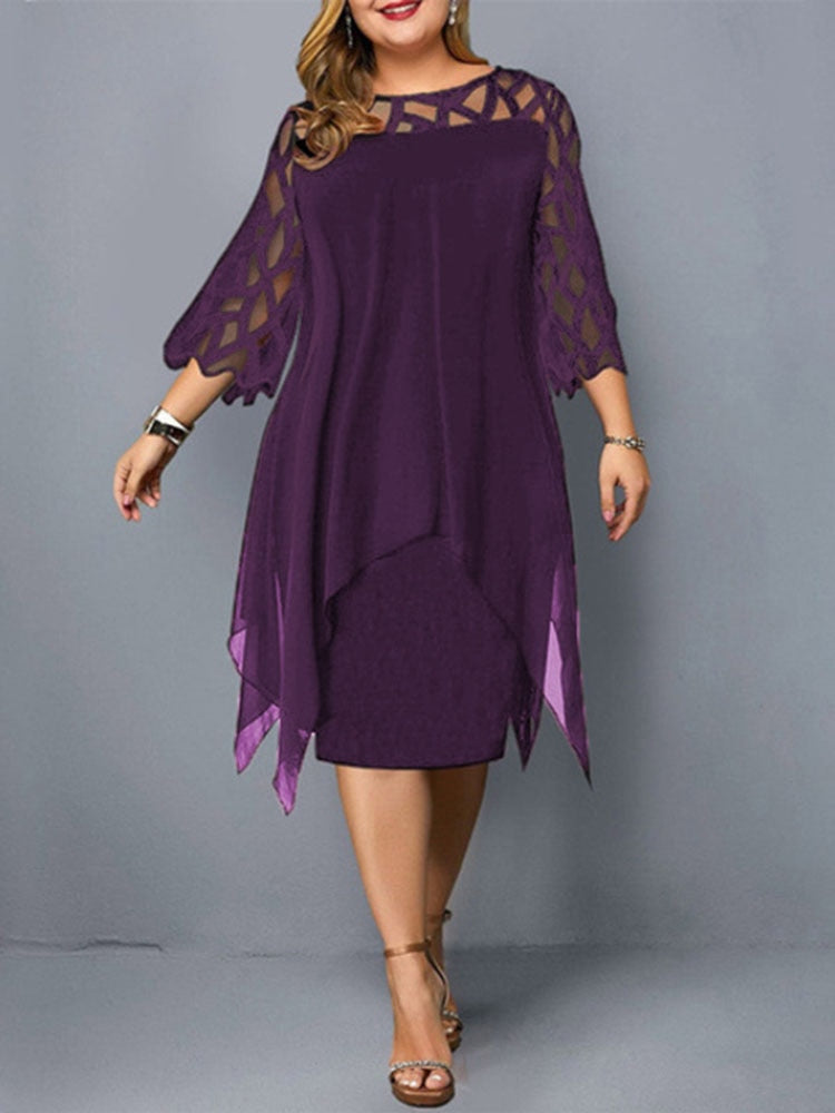 Ladies Plus Size Three Quarter Sleeve Dress Lace Sequin Mesh Sexy Elegant Casual Party Red Black Cutout Loose Summer Dress