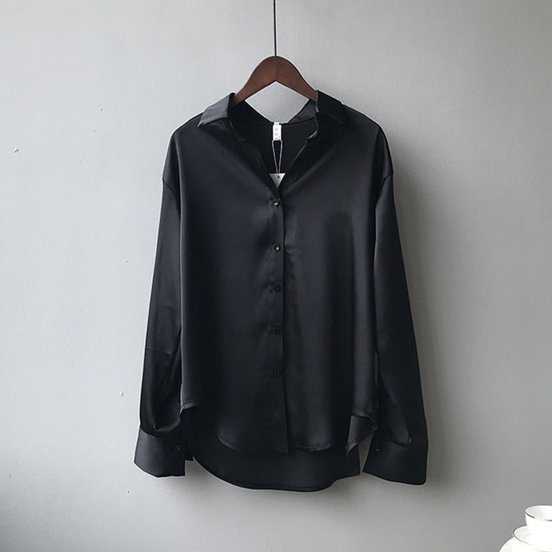 Autumn Fashion Button Up Satin Silk Shirt Vintage Blouse Women