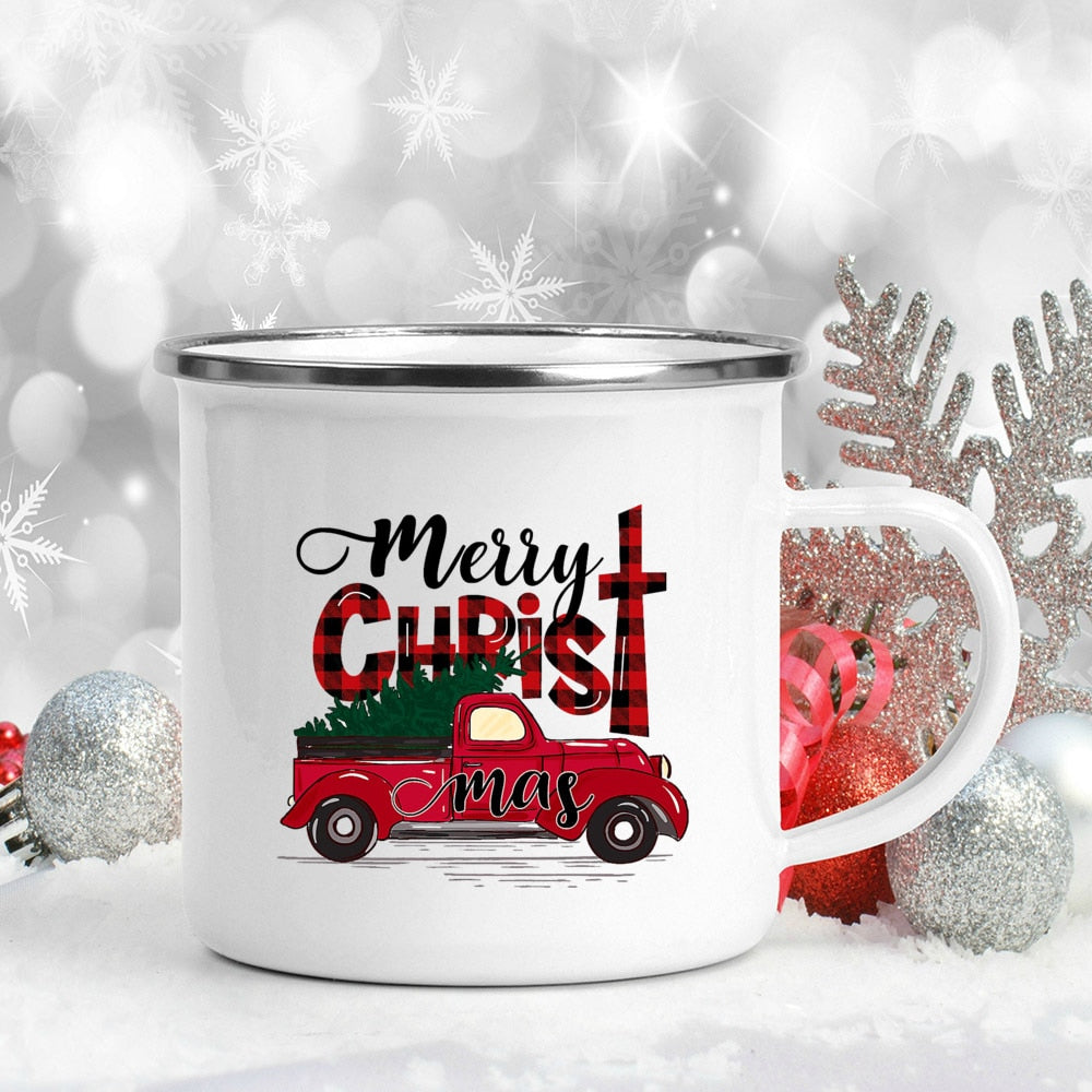 Snowman Deer Print Enamel Coffee Mugs Christmas Gifts New Year Party