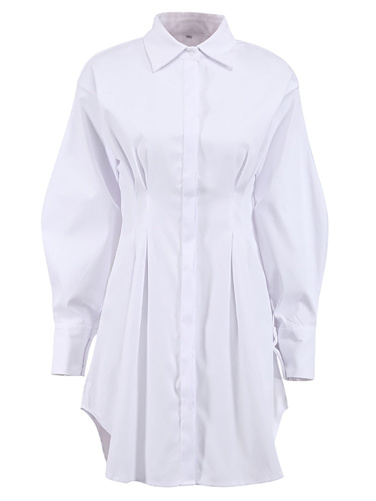 Autumn Winter Dress Women Khaki Long Sleeve Pleated Shirt Dress