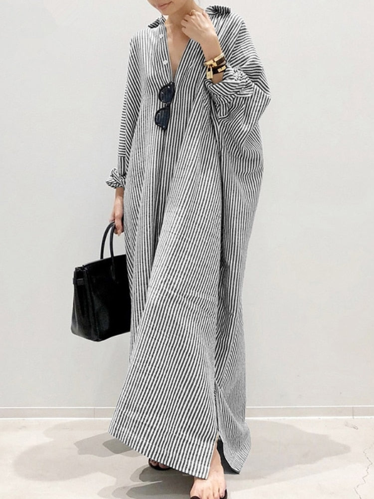 Fashion Cotton Linen Striped Cardigan Loose Large Casual