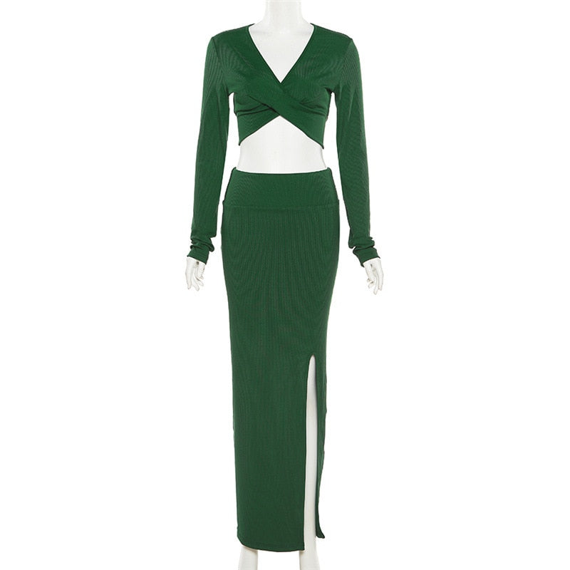 Elegant Two Piece Sets Outfits Women Long Sleeve Crop Tops Bodycon Slit Maxi Skirts Suits Party Evening Long Dress 2022 Autumn