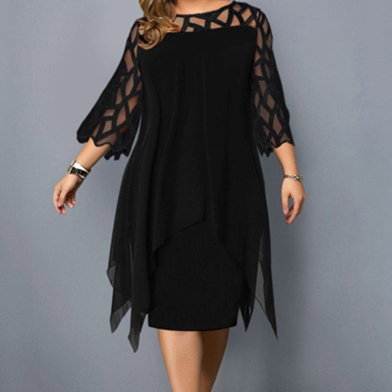 Ladies Plus Size Three Quarter Sleeve Dress Lace Sequin Mesh Sexy Elegant Casual Party Red Black Cutout Loose Summer Dress