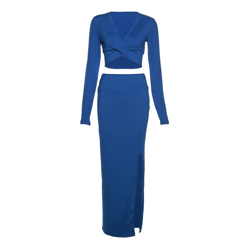 Elegant Two Piece Sets Outfits Women Long Sleeve Crop Tops Bodycon Slit Maxi Skirts Suits Party Evening Long Dress 2022 Autumn