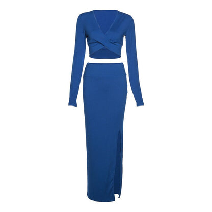 Elegant Two Piece Sets Outfits Women Long Sleeve Crop Tops Bodycon Slit Maxi Skirts Suits Party Evening Long Dress 2022 Autumn