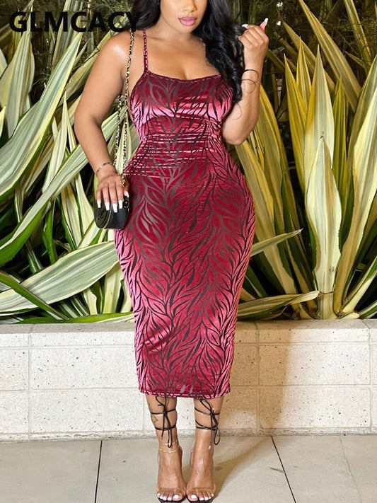 Women Spaghetti Strap Velvet Bodycon Midi Dress Slim Party Dress