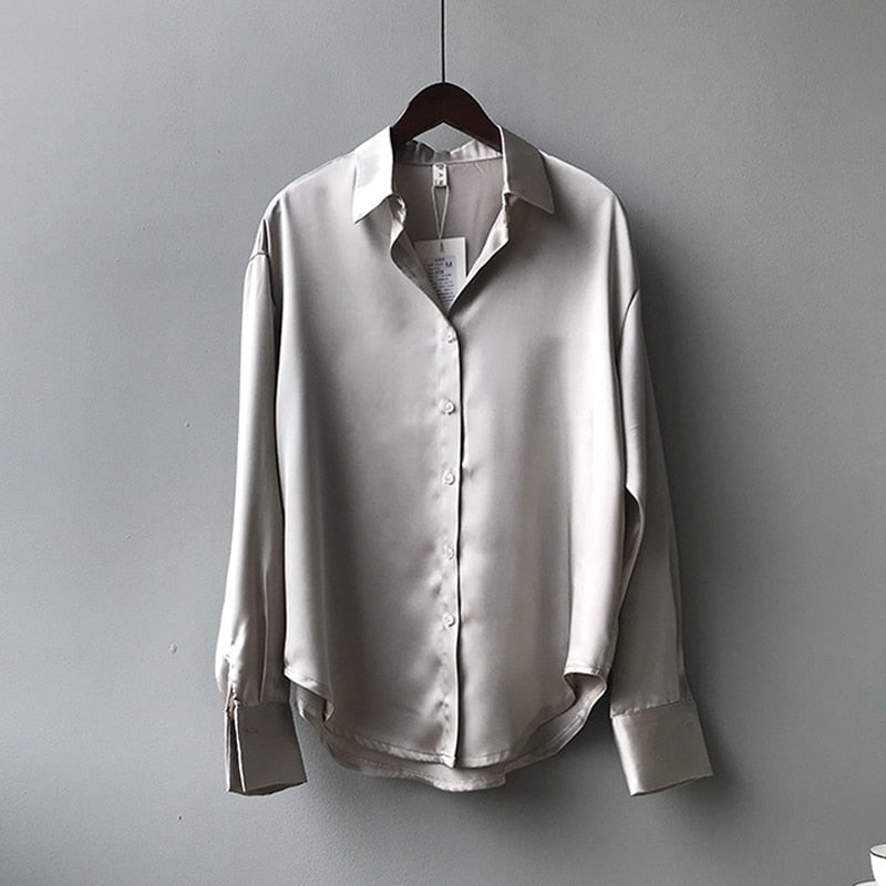 Autumn Fashion Button Up Satin Silk Shirt Vintage Blouse Women