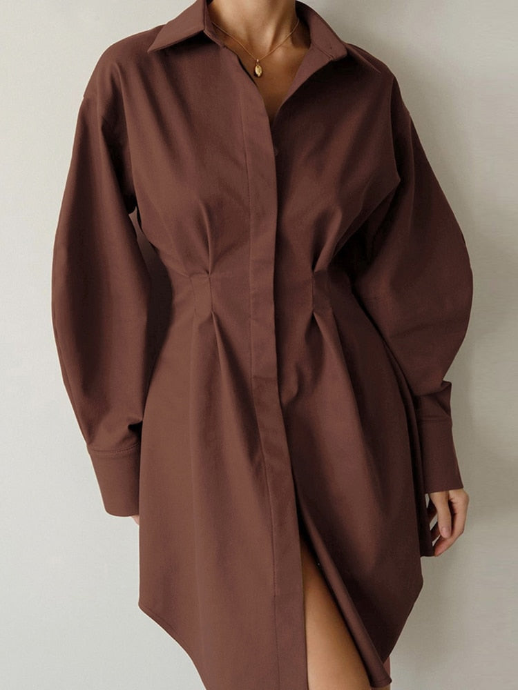 Autumn Winter Dress Women Khaki Long Sleeve Pleated Shirt Dress