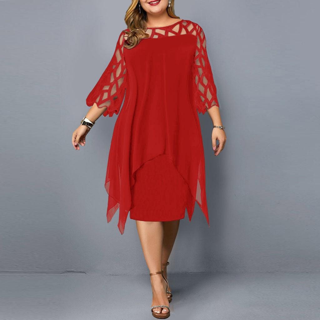 Ladies Plus Size Three Quarter Sleeve Dress Lace Sequin Mesh Sexy Elegant Casual Party Red Black Cutout Loose Summer Dress