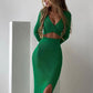 Elegant Two Piece Sets Outfits Women Long Sleeve Crop Tops Bodycon Slit Maxi Skirts Suits Party Evening Long Dress 2022 Autumn