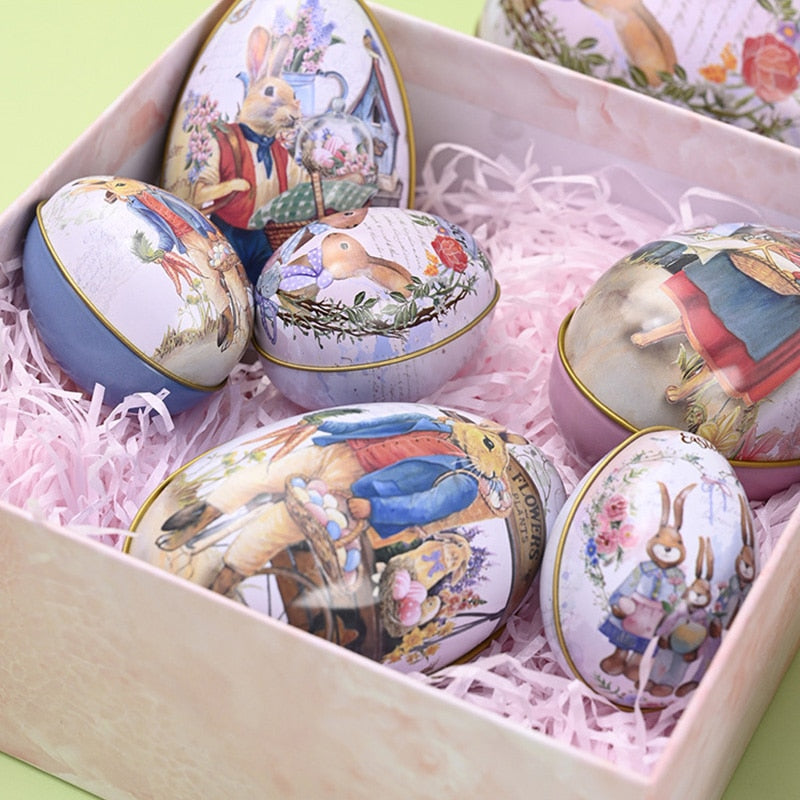 Metal Easter Egg Shape Cute Bunny Rabbit Printed Egg Candy Box