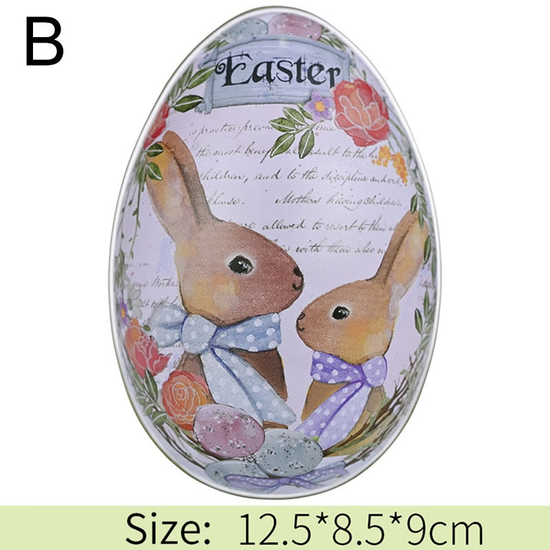 Metal Easter Egg Shape Cute Bunny Rabbit Printed Egg Candy Box