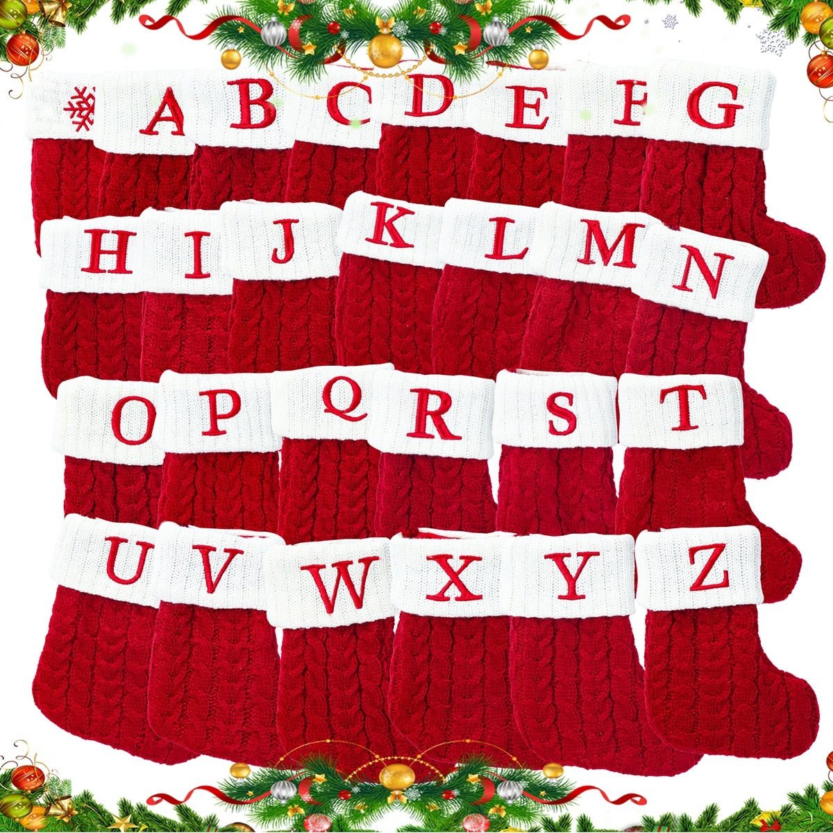 Christmas Socks Red Snowflake Alphabet Letters Decorations