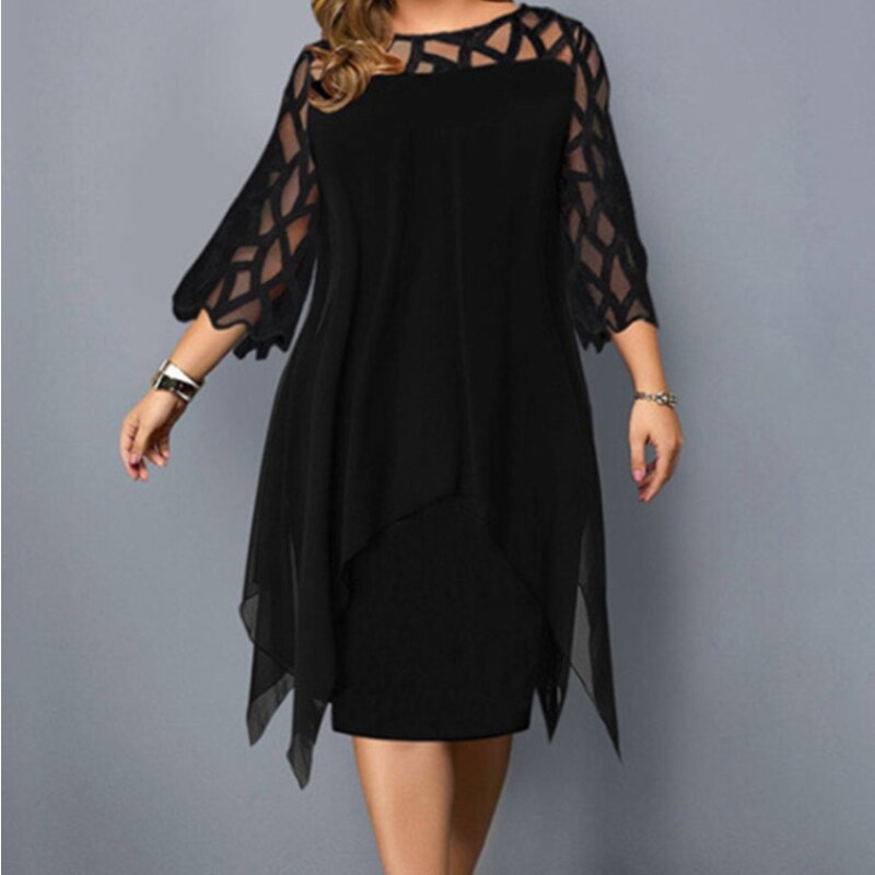 Ladies Plus Size Three Quarter Sleeve Dress Lace Sequin Mesh Sexy Elegant Casual Party Red Black Cutout Loose Summer Dress