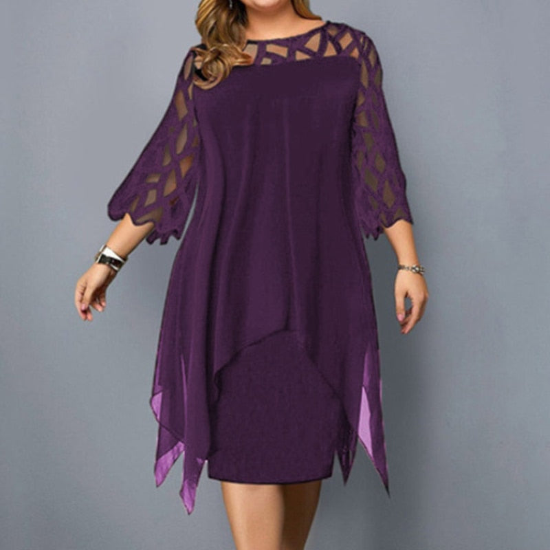 Ladies Plus Size Three Quarter Sleeve Dress Lace Sequin Mesh Sexy Elegant Casual Party Red Black Cutout Loose Summer Dress