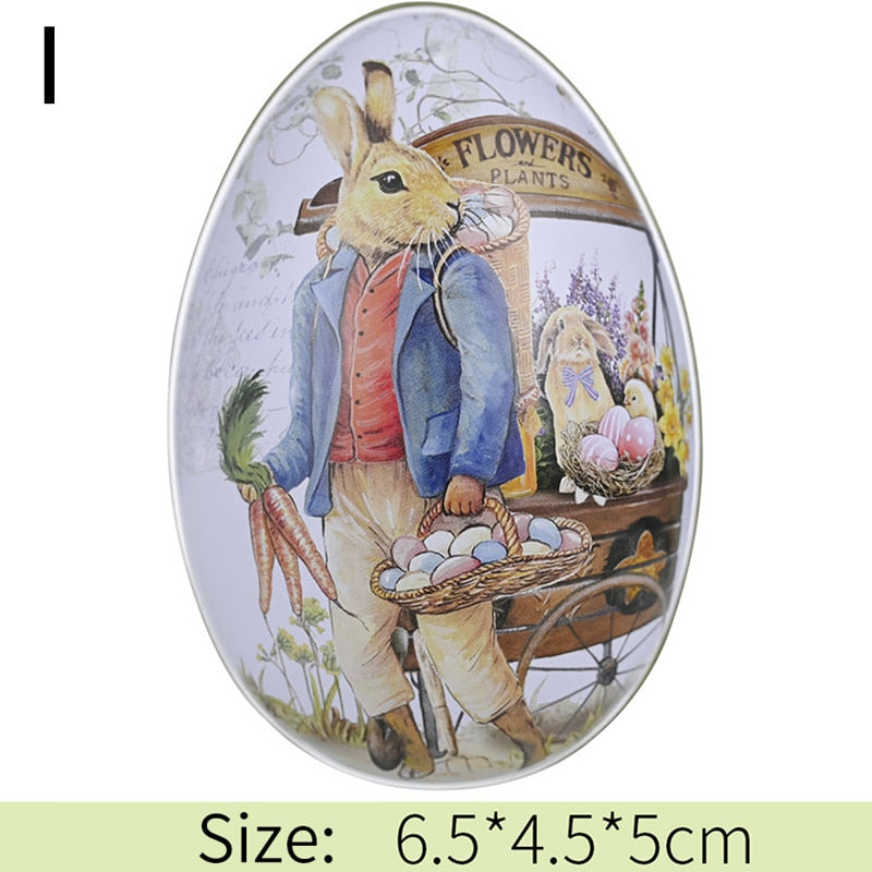 Metal Easter Egg Shape Cute Bunny Rabbit Printed Egg Candy Box