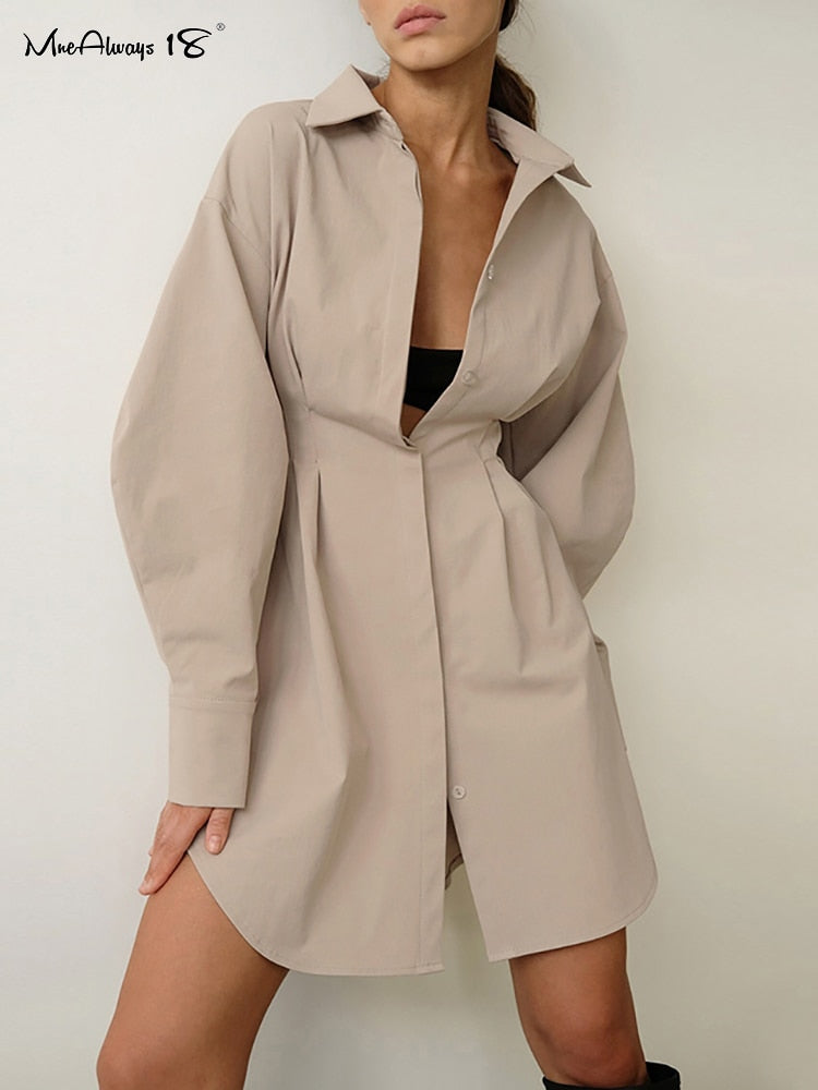 Autumn Winter Dress Women Khaki Long Sleeve Pleated Shirt Dress