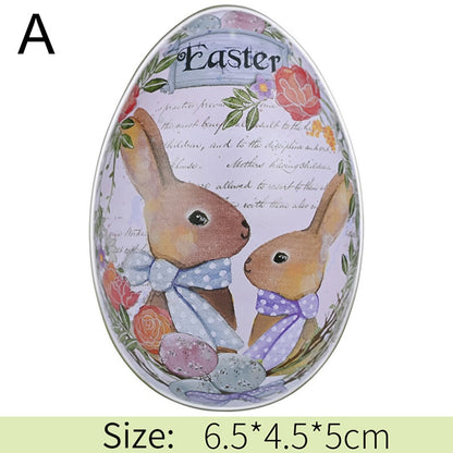 Metal Easter Egg Shape Cute Bunny Rabbit Printed Egg Candy Box